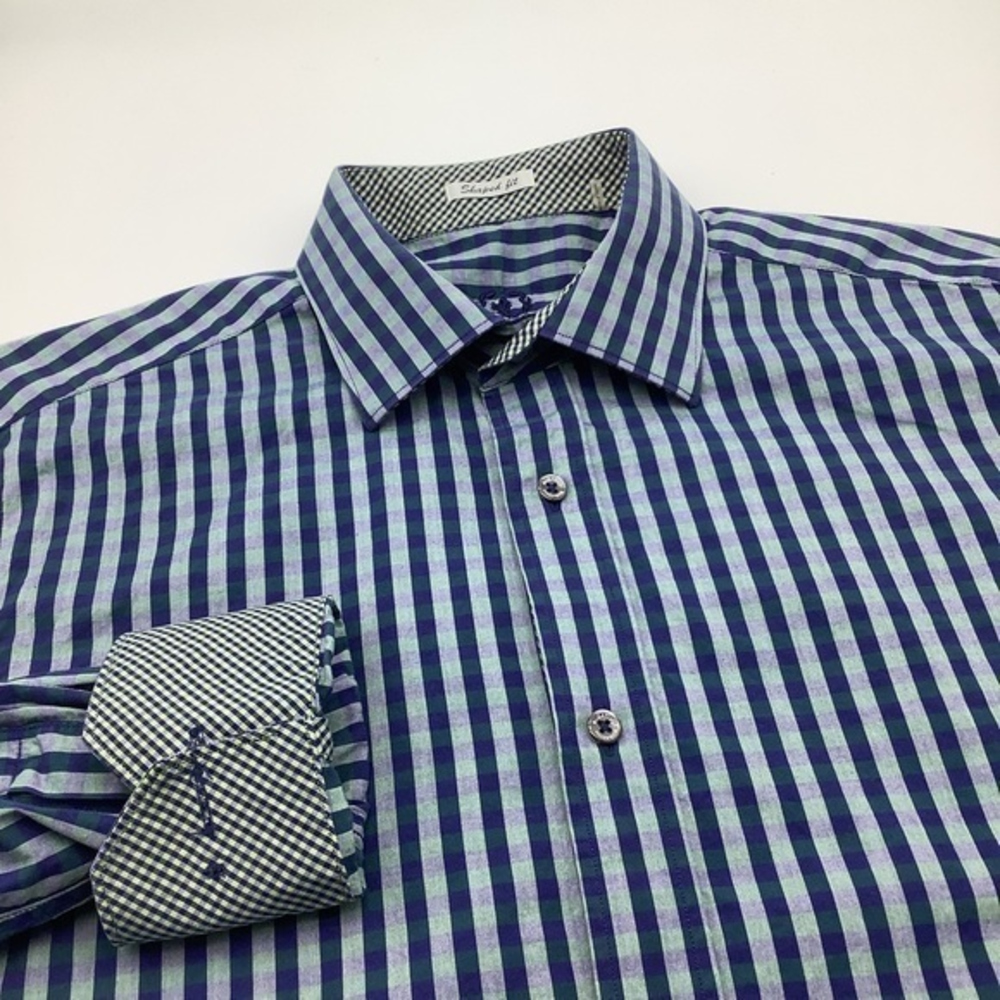 Bugatchi Mens Shaped Fit Long Sleeve Button Up Shirt Blue Striped Size‎ M